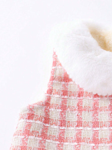 1pc Young Girl Cute 3D Bowknot Decor Peter Pan Collar Tank Dress With Fleece Lining, Autumn/Winter
