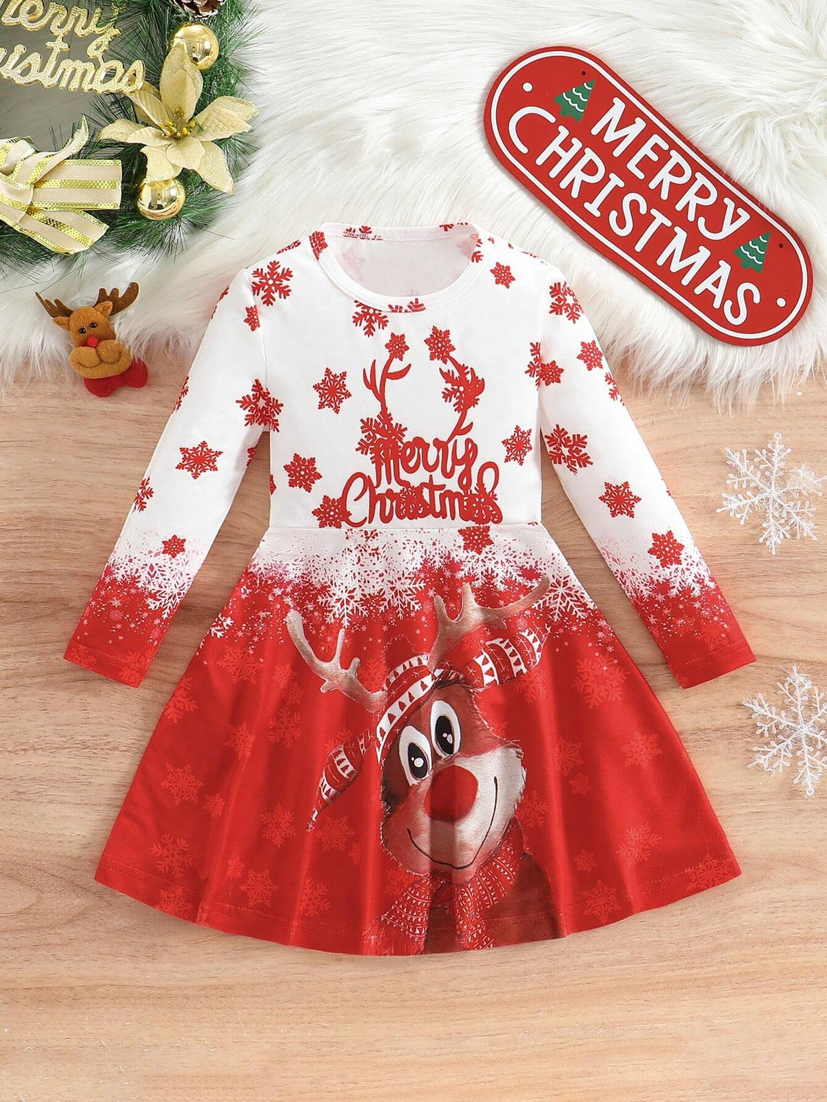 1pc Young Girl Cute Christmas Snowman Print Color Block Crew Neck Long Sleeve Casual Dress, Autumn