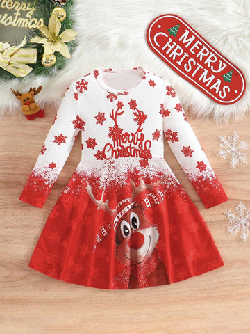 1pc Young Girl Cute Christmas Snowman Print Color Block Crew Neck Long Sleeve Casual Dress, Autumn