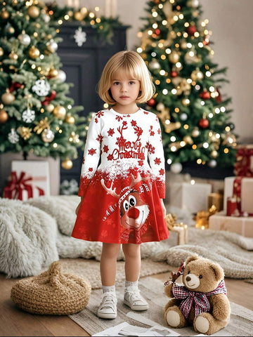 1pc Young Girl Cute Christmas Snowman Print Color Block Crew Neck Long Sleeve Casual Dress, Autumn