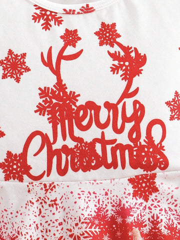 1pc Young Girl Cute Christmas Snowman Print Color Block Crew Neck Long Sleeve Casual Dress, Autumn