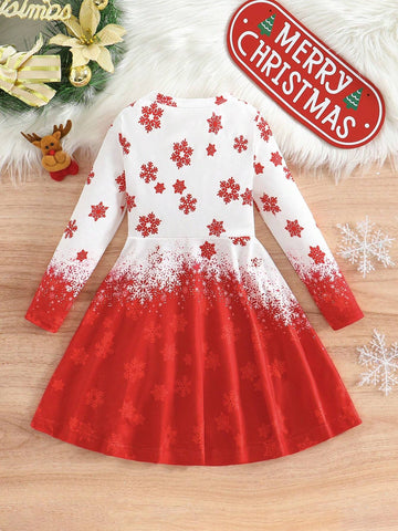 1pc Young Girl Cute Christmas Snowman Print Color Block Crew Neck Long Sleeve Casual Dress, Autumn
