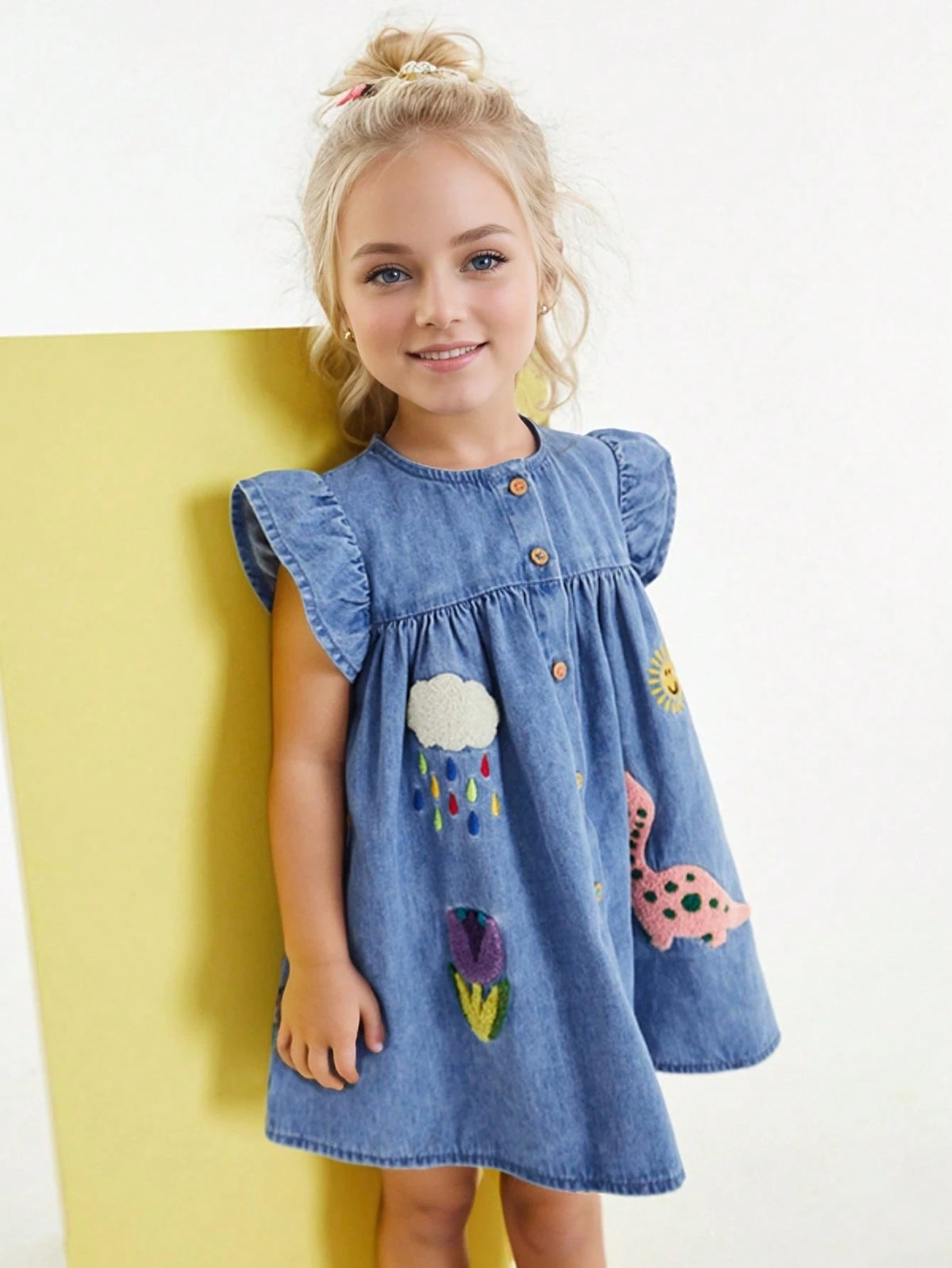 1pc Young Girl Cute Dinosaur Embroidered Denim Dress With Ruffle Hem And Short Sleeves, For Summer