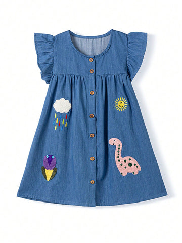 1pc Young Girl Cute Dinosaur Embroidered Denim Dress With Ruffle Hem And Short Sleeves, For Summer