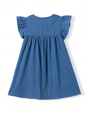 1pc Young Girl Cute Dinosaur Embroidered Denim Dress With Ruffle Hem And Short Sleeves, For Summer