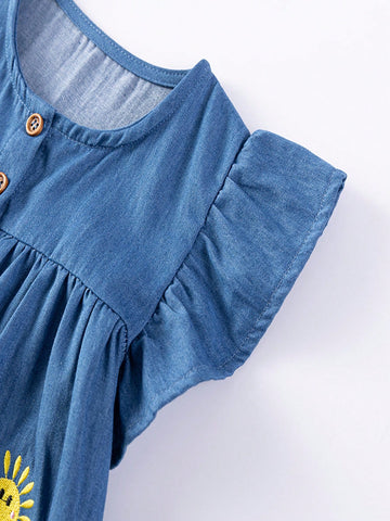 1pc Young Girl Cute Dinosaur Embroidered Denim Dress With Ruffle Hem And Short Sleeves, For Summer
