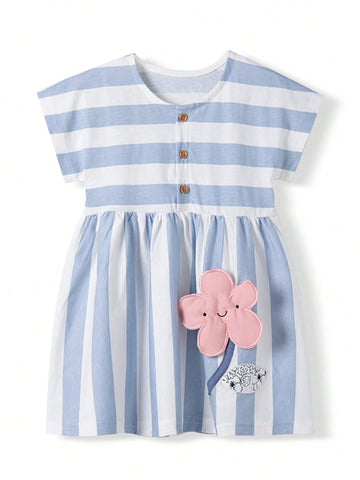 1pc Young Girl Cute Floral Embroidered Blue & White Striped Princess Dress