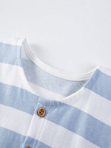 1pc Young Girl Cute Floral Embroidered Blue & White Striped Princess Dress