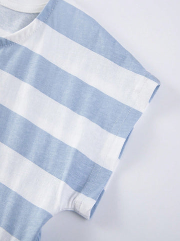 1pc Young Girl Cute Floral Embroidered Blue & White Striped Princess Dress