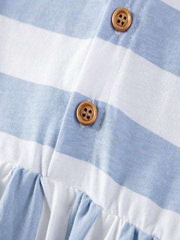 1pc Young Girl Cute Floral Embroidered Blue & White Striped Princess Dress