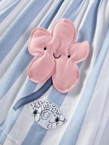 1pc Young Girl Cute Floral Embroidered Blue & White Striped Princess Dress