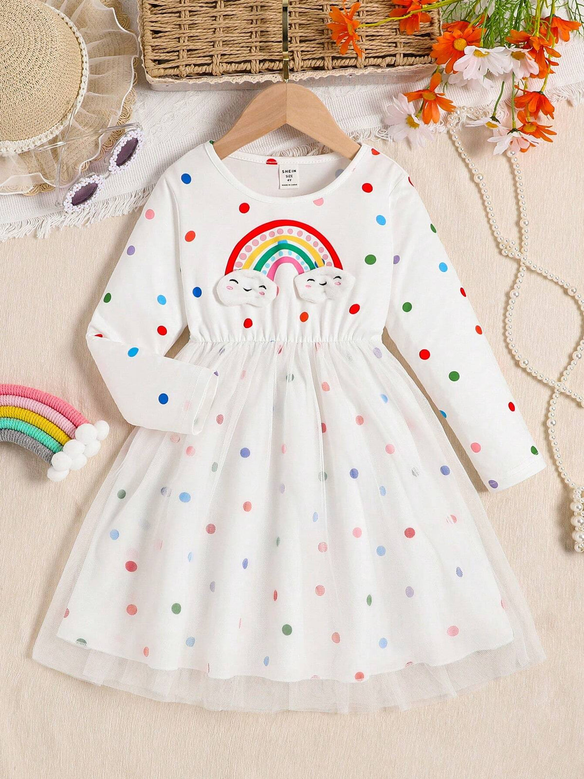 1pc Young Girl Cute Rainbow, Cloud And Polka Dot Mesh Overlay Casual Dress, For Spring Autumn Everyday Wear And Vacation
