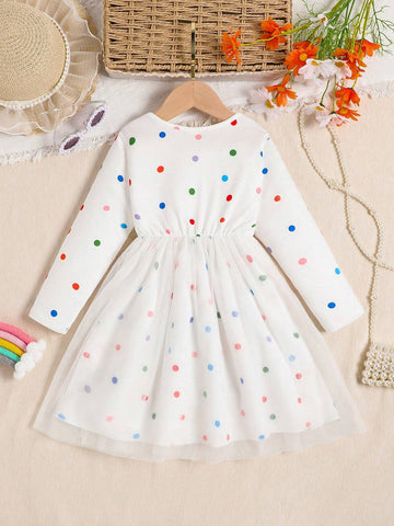 1pc Young Girl Cute Rainbow, Cloud And Polka Dot Mesh Overlay Casual Dress, For Spring Autumn Everyday Wear And Vacation