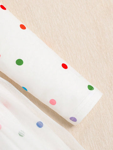 1pc Young Girl Cute Rainbow, Cloud And Polka Dot Mesh Overlay Casual Dress, For Spring Autumn Everyday Wear And Vacation