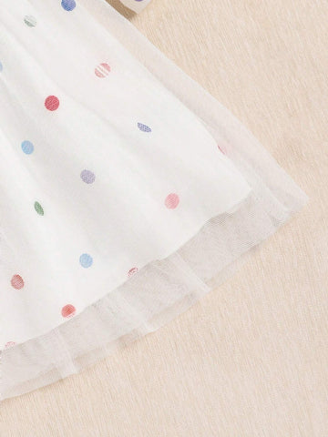 1pc Young Girl Cute Rainbow, Cloud And Polka Dot Mesh Overlay Casual Dress, For Spring Autumn Everyday Wear And Vacation