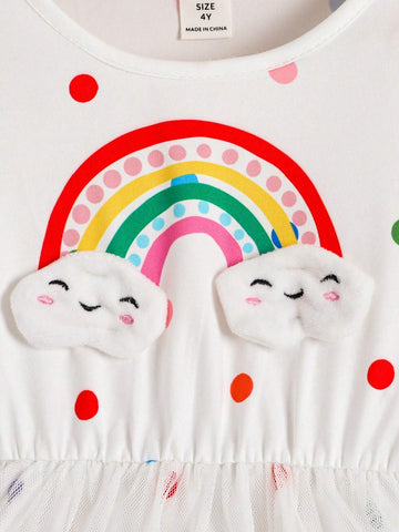 1pc Young Girl Cute Rainbow, Cloud And Polka Dot Mesh Overlay Casual Dress, For Spring Autumn Everyday Wear And Vacation