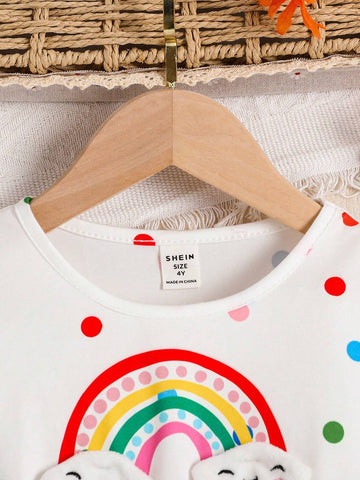 1pc Young Girl Cute Rainbow, Cloud And Polka Dot Mesh Overlay Casual Dress, For Spring Autumn Everyday Wear And Vacation