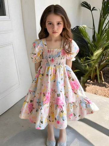 1pc Young Girl' Dopamine Ditsy Floral Sleeveless Dress
