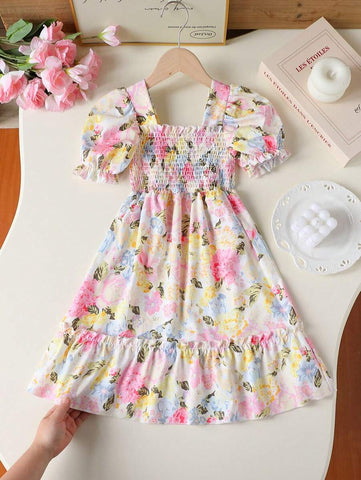 1pc Young Girl' Dopamine Ditsy Floral Sleeveless Dress