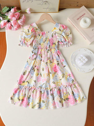 1pc Young Girl' Dopamine Ditsy Floral Sleeveless Dress