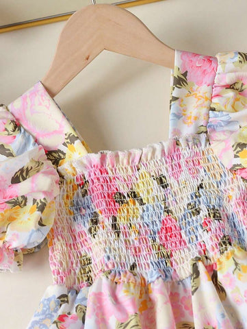 1pc Young Girl' Dopamine Ditsy Floral Sleeveless Dress