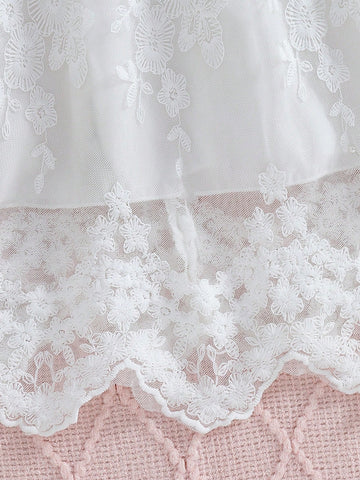 1pc Young Girl Elegant Lace Trim Puff Sleeve Waisted White Princess Dress, Summer