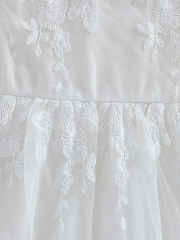 1pc Young Girl Elegant Lace Trim Puff Sleeve Waisted White Princess Dress, Summer