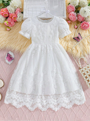 1pc Young Girl Elegant Lace Trim Puff Sleeve Waisted White Princess Dress, Summer