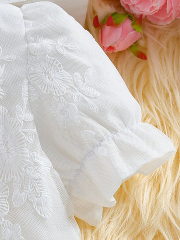 1pc Young Girl Elegant Lace Trim Puff Sleeve Waisted White Princess Dress, Summer