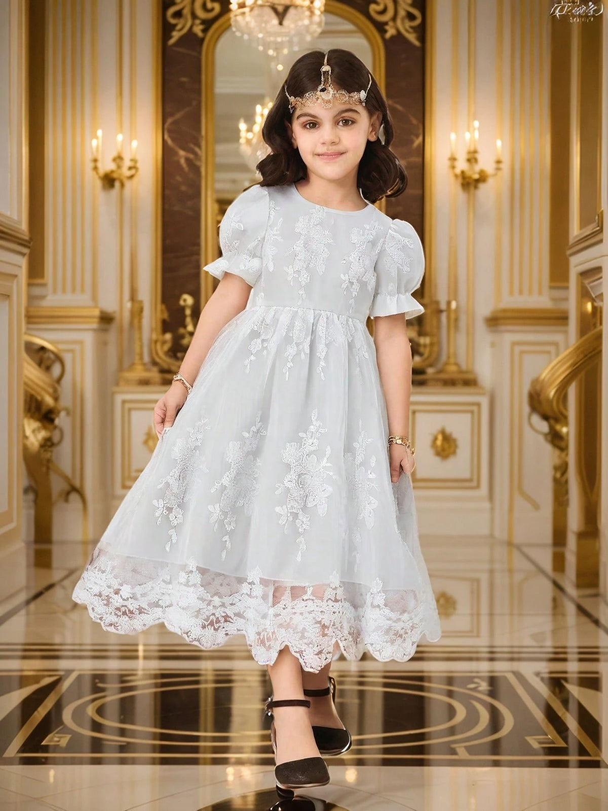1pc Young Girl Elegant Lace Trim Puff Sleeve Waisted White Princess Dress, Summer
