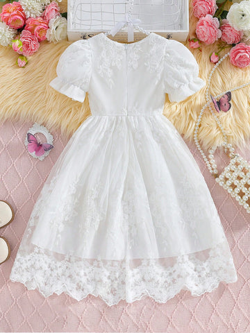 1pc Young Girl Elegant Lace Trim Puff Sleeve Waisted White Princess Dress, Summer