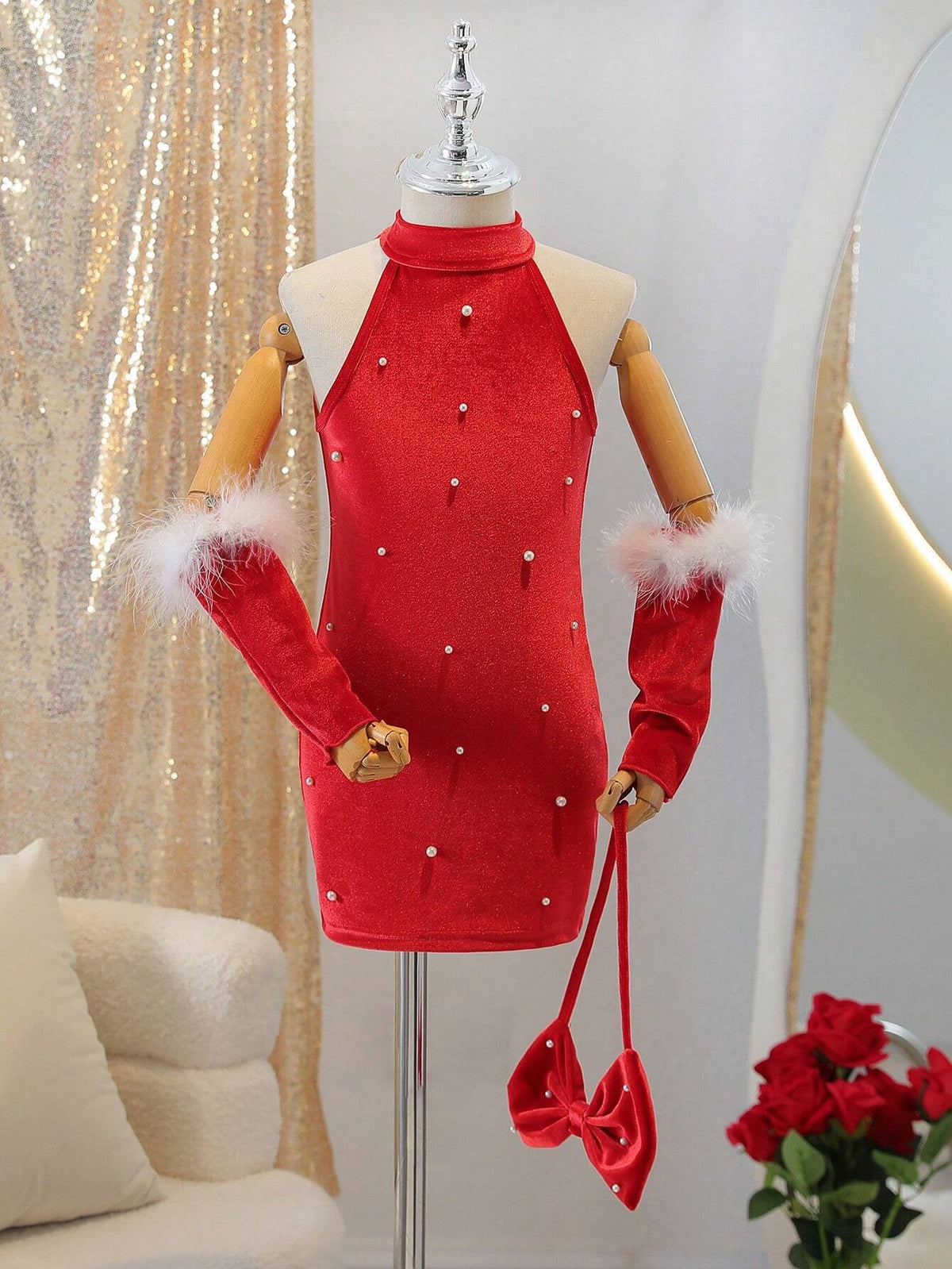 1pc Young Girl Elegant Red Dress, Spring/Fall
