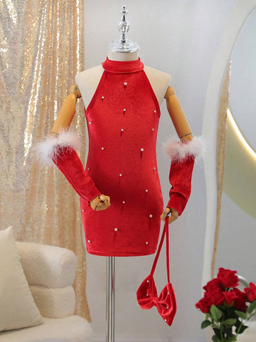 1pc Young Girl Elegant Red Dress, Spring/Fall