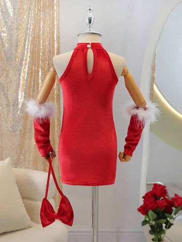 1pc Young Girl Elegant Red Dress, Spring/Fall
