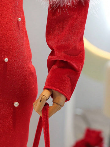 1pc Young Girl Elegant Red Dress, Spring/Fall