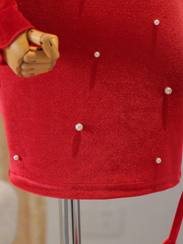 1pc Young Girl Elegant Red Dress, Spring/Fall