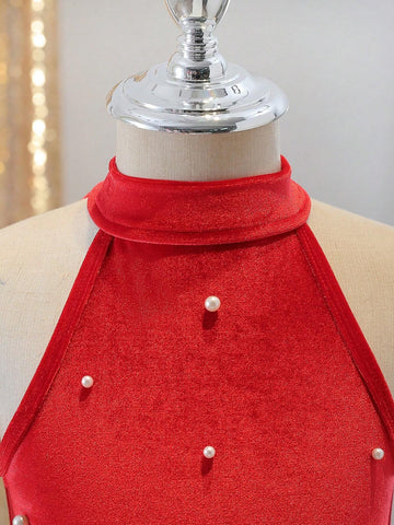1pc Young Girl Elegant Red Dress, Spring/Fall