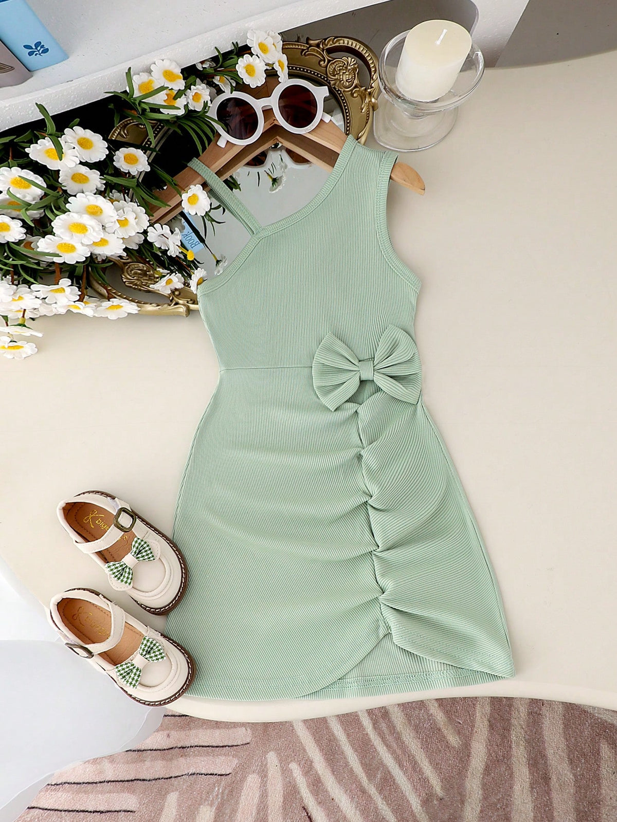 1pc Young Girl Elegant Spaghetti Strap Green Dress, Lightweight Summer