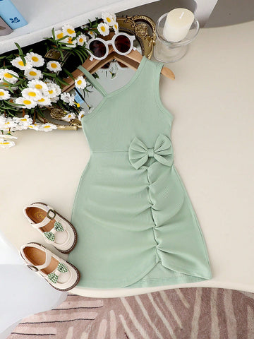 1pc Young Girl Elegant Spaghetti Strap Green Dress, Lightweight Summer