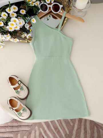1pc Young Girl Elegant Spaghetti Strap Green Dress, Lightweight Summer