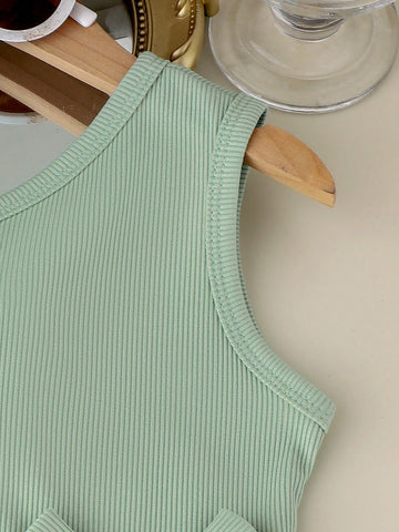 1pc Young Girl Elegant Spaghetti Strap Green Dress, Lightweight Summer