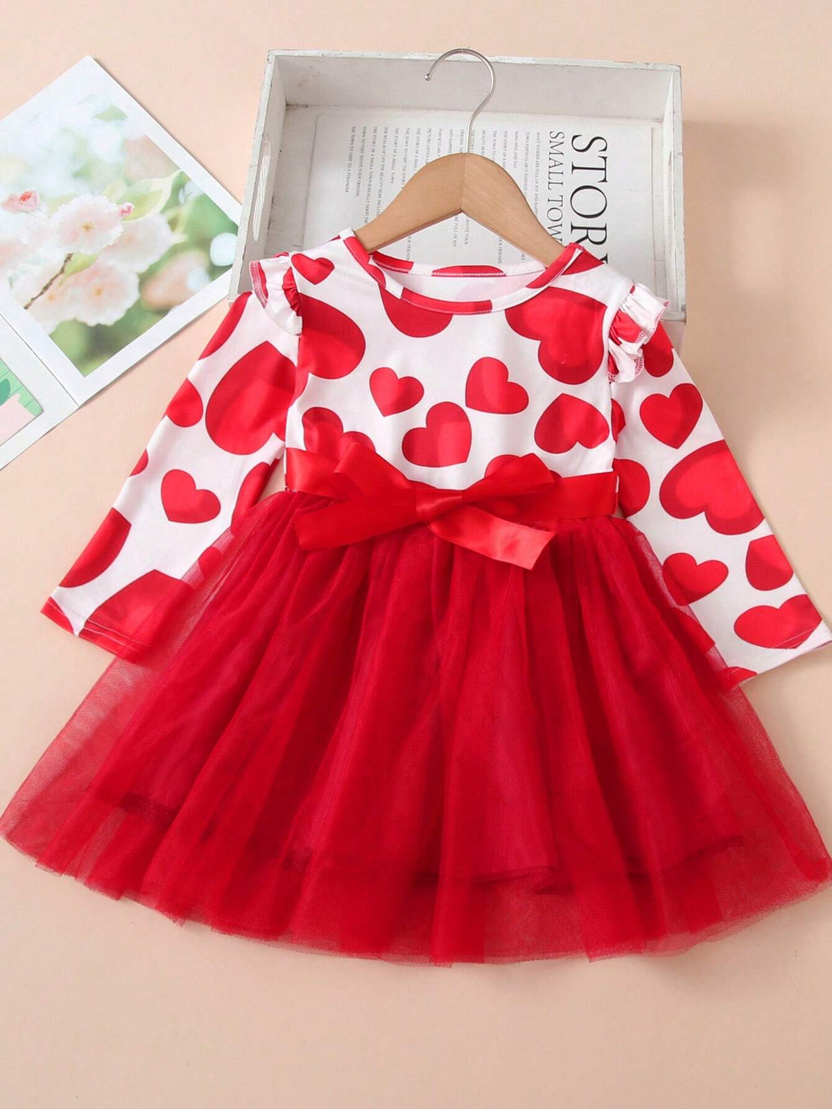 1pc Young Girl Elegant Sweet Luxurious Ladylike Heart Print Ribbon Bow Decor Round Neck Long Sleeve Tulle Tutu Dress For Autumn/Winter