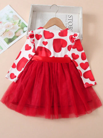 1pc Young Girl Elegant Sweet Luxurious Ladylike Heart Print Ribbon Bow Decor Round Neck Long Sleeve Tulle Tutu Dress For Autumn/Winter