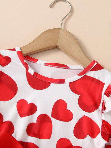 1pc Young Girl Elegant Sweet Luxurious Ladylike Heart Print Ribbon Bow Decor Round Neck Long Sleeve Tulle Tutu Dress For Autumn/Winter