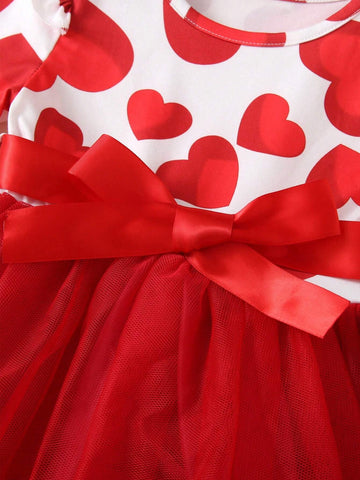 1pc Young Girl Elegant Sweet Luxurious Ladylike Heart Print Ribbon Bow Decor Round Neck Long Sleeve Tulle Tutu Dress For Autumn/Winter