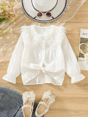 1pc Young Girl Elegant White Layered Ruffled Collar Bell Sleeve Shirt, Suitable For Sweet Girls' Daily Casual Wear In Autumn