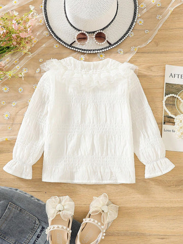 1pc Young Girl Elegant White Layered Ruffled Collar Bell Sleeve Shirt, Suitable For Sweet Girls' Daily Casual Wear In Autumn