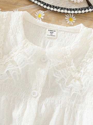 1pc Young Girl Elegant White Layered Ruffled Collar Bell Sleeve Shirt, Suitable For Sweet Girls' Daily Casual Wear In Autumn