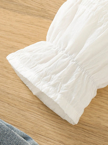 1pc Young Girl Elegant White Layered Ruffled Collar Bell Sleeve Shirt, Suitable For Sweet Girls' Daily Casual Wear In Autumn