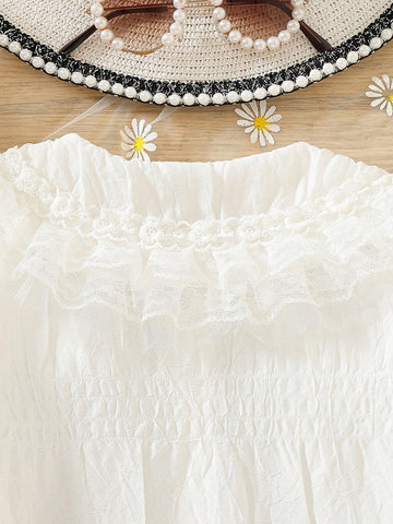 1pc Young Girl Elegant White Layered Ruffled Collar Bell Sleeve Shirt, Suitable For Sweet Girls' Daily Casual Wear In Autumn